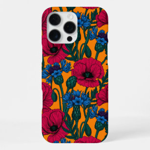 Funda Para iPhone 16 Pro Max Amapolas rojas y acianos azules sobre naranja