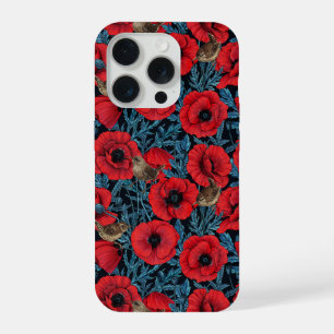 Amapolas rojas y chochines, hojas azules sobre neg
