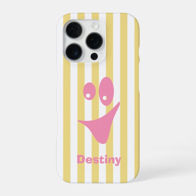 Funda Para iPhone Amarillo Mantequilla Raya Rosa Sonrisa Curiosa (Reverso)