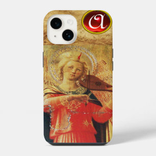 FUNDA PARA iPhone 14 ÁNGEL MUSICAL JUGANDO VIOLÍN EN ROJO, MONOGRAMA DE
