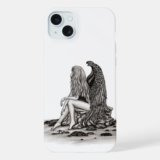 Funda Para iPhone Ángel, perdido en el pensamiento, diseño blanco y  (Reverso )