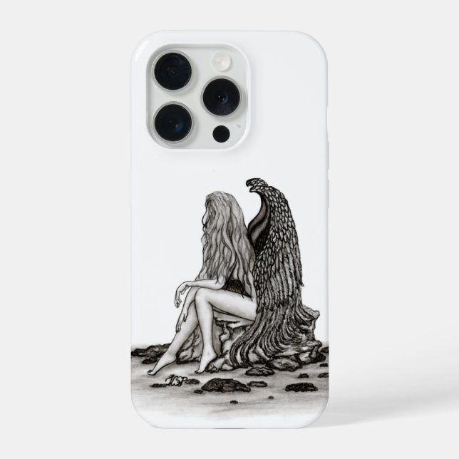 Funda Para iPhone Ángel, perdido en el pensamiento, diseño blanco y  (Reverso )