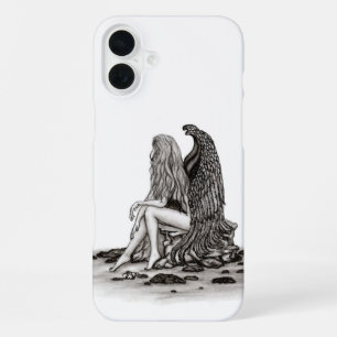 Funda Para iPhone 16 Plus Ángel, perdido en el pensamiento, diseño blanco y