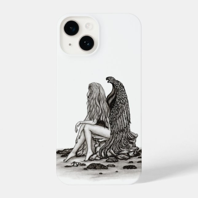 Funda Para iPhone Ángel, perdido en el pensamiento, diseño blanco y  (Reverso )