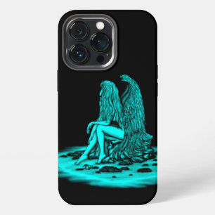 Funda Para iPhone 13 Pro Ángel, perdido en pensamiento, diseño negro y verd
