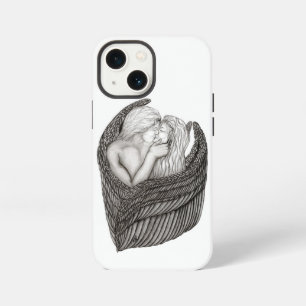 Funda Para iPhone 13 Mini Ángeles besándose, diseño en blanco y negro