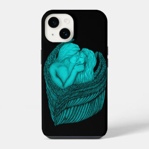 Funda Para iPhone 14 Ángeles besándose, diseño negro y verde