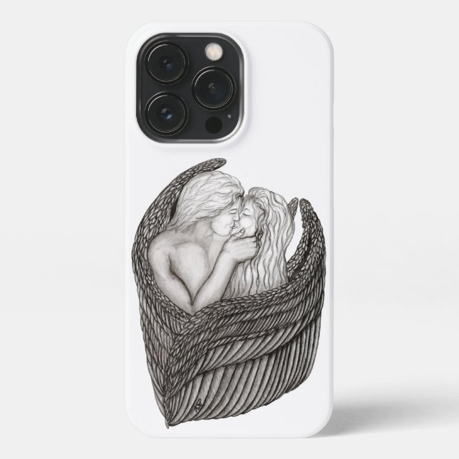 Funda Para iPhone Angels Kissing , diseño en blanco y negro (Reverso)