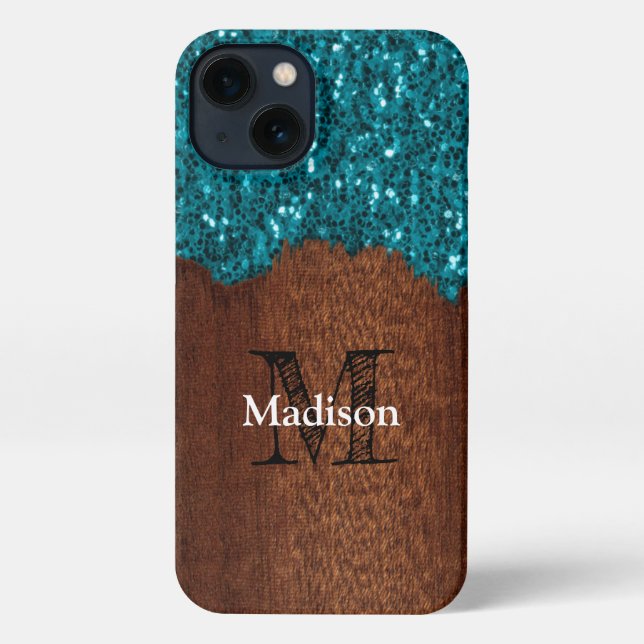 Funda Para iPhone Aqua azul brillante madera marrón rústica Monogram (Reverso )
