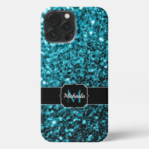 Funda Para iPhone 13 Pro Max Aqua azul brillante purpurina chispas Monograma