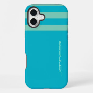 Funda Para iPhone 16 Plus Aqua Azul/Verde Raya/Sólido Nombre Personalizado T