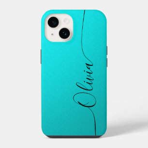 Funda Para iPhone 14 Aqua Negro Script de Caligrafía Elegante Nombre