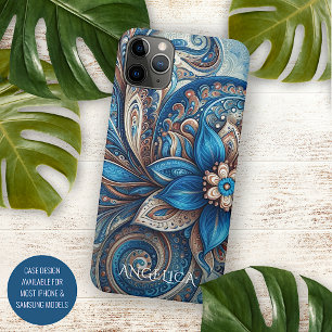 Funda Para iPhone 16 Pro Max Aqua Verde Azul Azul Beige Paisley Arte Patrón
