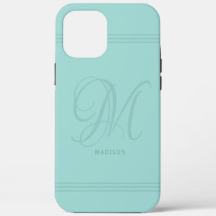 Funda Para iPhone 12 Pro Max Aqua Verde Elegante Monograma y Nombre Minimalista