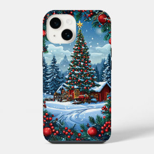 Funda Para iPhone 14 Árbol de Navidad decorado en un paisaje nevado