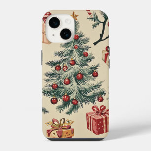 Funda Para iPhone 14 Árbol de Navidad Retro Rojo Verde Crema Fiesta
