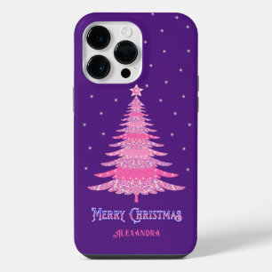 Funda Para iPhone 14 Pro Max Árbol de Navidad Rosa Nombre Personalizado Morado