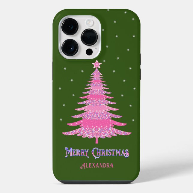 Funda Para iPhone Árbol de Navidad Rosa Nombre Personalizado Verde (Reverso )