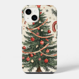 Funda Para iPhone 14 Árbol de Navidad Vintage Toile Rojo Verde Crema