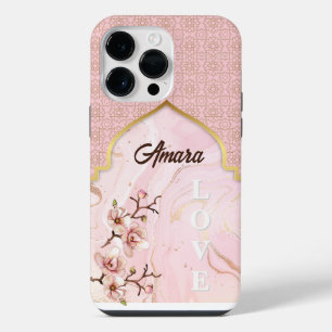 Funda Para iPhone 14 Pro Max Arco Arabesco   Mármol Rosado y Dorado