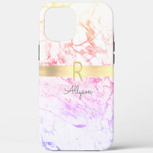Funda Para iPhone 12 Pro Max Arcoíris Mármol & Barra de Oro, Nombre Gris y Mono