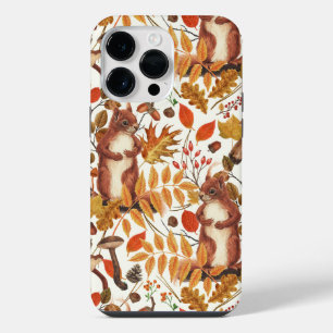 Funda Para iPhone 14 Pro Max Ardillas otoñales y flora otoñal en blanco roto