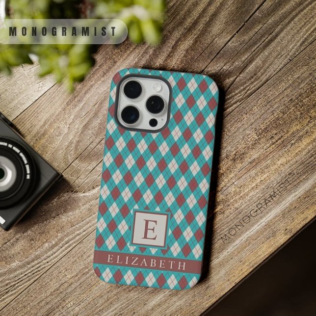 Funda Para iPhone Argyle azul teal verde gris marrón personalizable (Customizable Teal Blue Green Grey Brown Argyle iPhone Case)