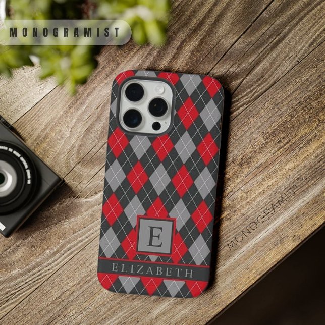 Funda Para iPhone Argyle de color negro gris rojo personalizable (Customizable Black Red Grey Color Argyle iPhone Case)