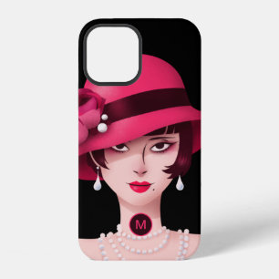 Funda Para iPhone 12 Art Deco Glam Lady Monograma Rosa Negro inicial