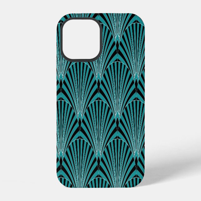 Funda Para iPhone Art Deco: patrón de abanico verde. (Reverso )