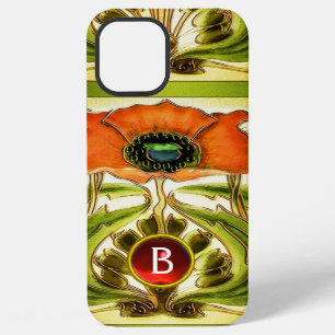 FUNDA PARA iPhone 12 PRO MAX ART NOUVEAU  AMAPOLA ROJA VERDE ESTILIZADA MONOGRA