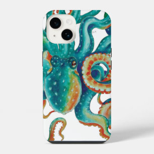Funda Para iPhone 14 Arte Acuarela Pulpo Verde Azul