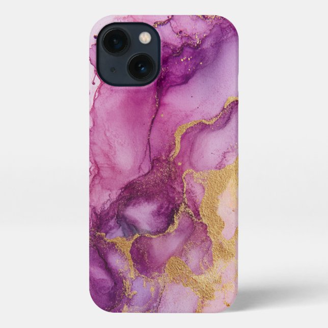 Funda Para iPhone arte con tinta de alcohol morado y oro rosa (Reverso )