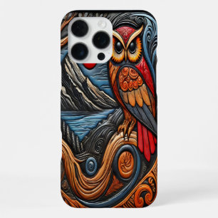 Funda Para iPhone 16 Pro Max Arte de búho colorido con paisaje de montaña y sol