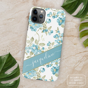 Funda Para iPhone 16 Pro Max Arte de flores personalizadas en azul teal aqua ve