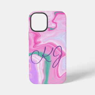 Funda Para iPhone 12 Mini Arte de mármol rosa, púrpura y verde menta con mon