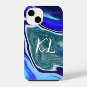 Funda Para iPhone 14 Arte fluido de mármol azul y blanco con monograma 