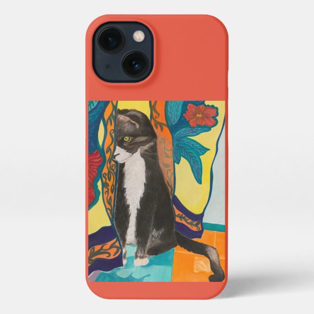Funda Para iPhone Arte folclórico del gato de Tuxedo (Reverso )