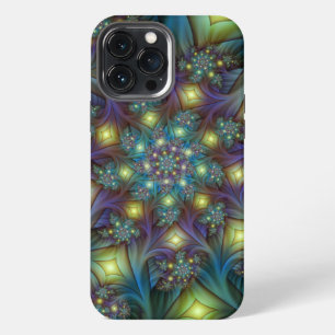 Funda Para iPhone 13 Pro Max Arte fractal abstracto iluminado brillante turques
