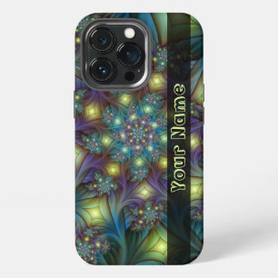 Funda Para iPhone 13 Pro Arte fractal abstracto iluminado nombre azul púrpu