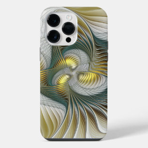 Funda Para iPhone 14 Pro Max Arte fractal de fantasía Verde azulada de oro nobl