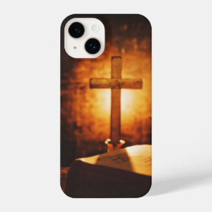 Funda Para iPhone 14 Arte gráfico Biblia Cruz de la luz de las velas cr
