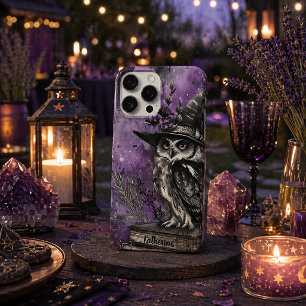 Funda Para iPhone 16 Pro Max Arte Místico de Búho Bruja Púrpura con Nombre Pers