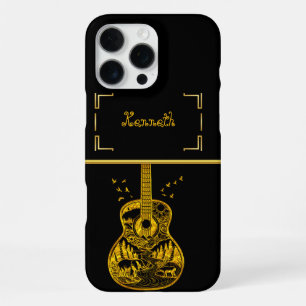 Funda Para iPhone 16 Pro Max Artesanía de Guitarra de Oro que Captura la Natura