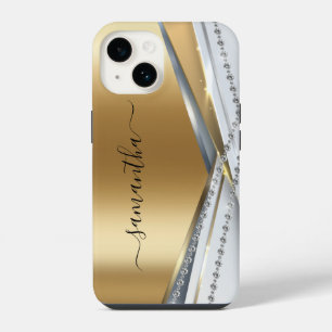 Funda Para iPhone 14 Aspecto 3D metalizado Caligrafía Monograma dorado