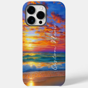 Funda Para iPhone 14 Pro Max Atardecer de Océano Tropical Claro con Nombre Pers