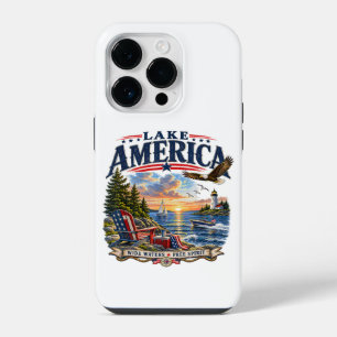 Funda Para iPhone 14 Pro Atardecer patriótico águila en el lago América