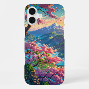 Funda Para iPhone 16 Plus Atardecer sobre la montaña cubierta de nieve y flo