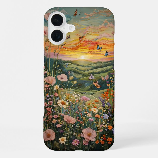 Funda Para iPhone Atardecer sobre un prado de flores con mariposas (Reverso )