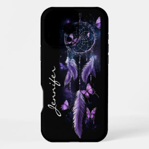 Funda Para iPhone 16 Pro Max Atrapasueños Boho Plumas Moradas Mariposas 